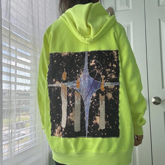 Punk Hoodie High Viz Patchwork Womens XL Neon Applique Embroidery Witchy - Picture 2 of 8